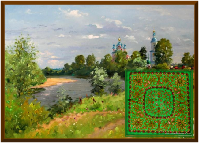 Александровский Александр. Берег реки Мокши. Летний день Платок &quot;Бережок&quot; Художник: Елена Жукова<br /><br />Александровский Александр. Берег реки Мокши. Летний день