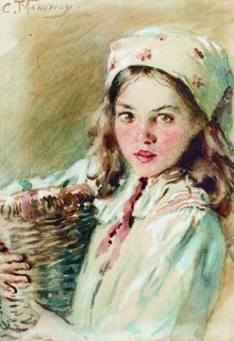 К.Маковский, Голова девочки в платке.