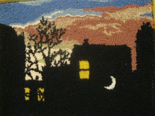 Художник Рене Магритт "Добрая судьба" выткано как коврик шерстяными нитками, нитки выдёргивались из старых шерстяных вещей.